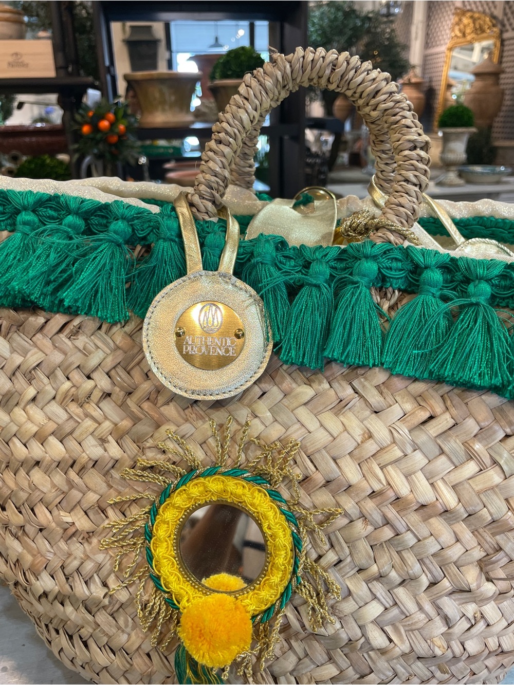 Tizzini x Authentic Provence Woven Straw Tote with Green Fringe and Yellow Poms - Picture 2 of 10